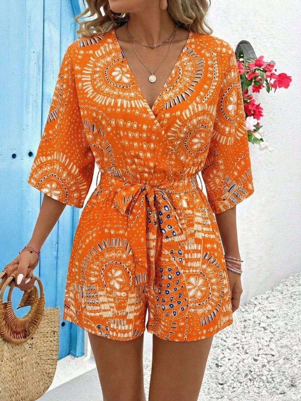 Orange Boho Women's V-Neck Criss-Cross Waist Tie Floral Print Romper